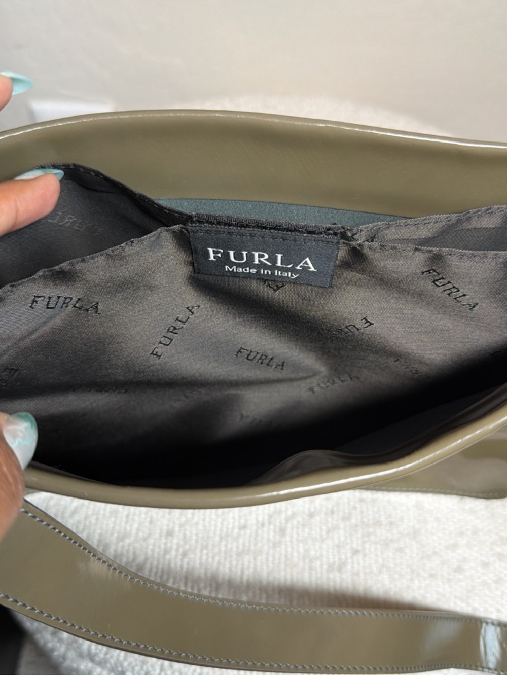 Vintage Furla Patent Leather Shoulder Bag in Taupe Brown - Picture 3 of 3